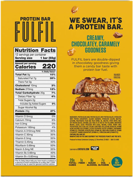 Fulfil protein bar packaging with nutrition facts and flavor description on a yellow background