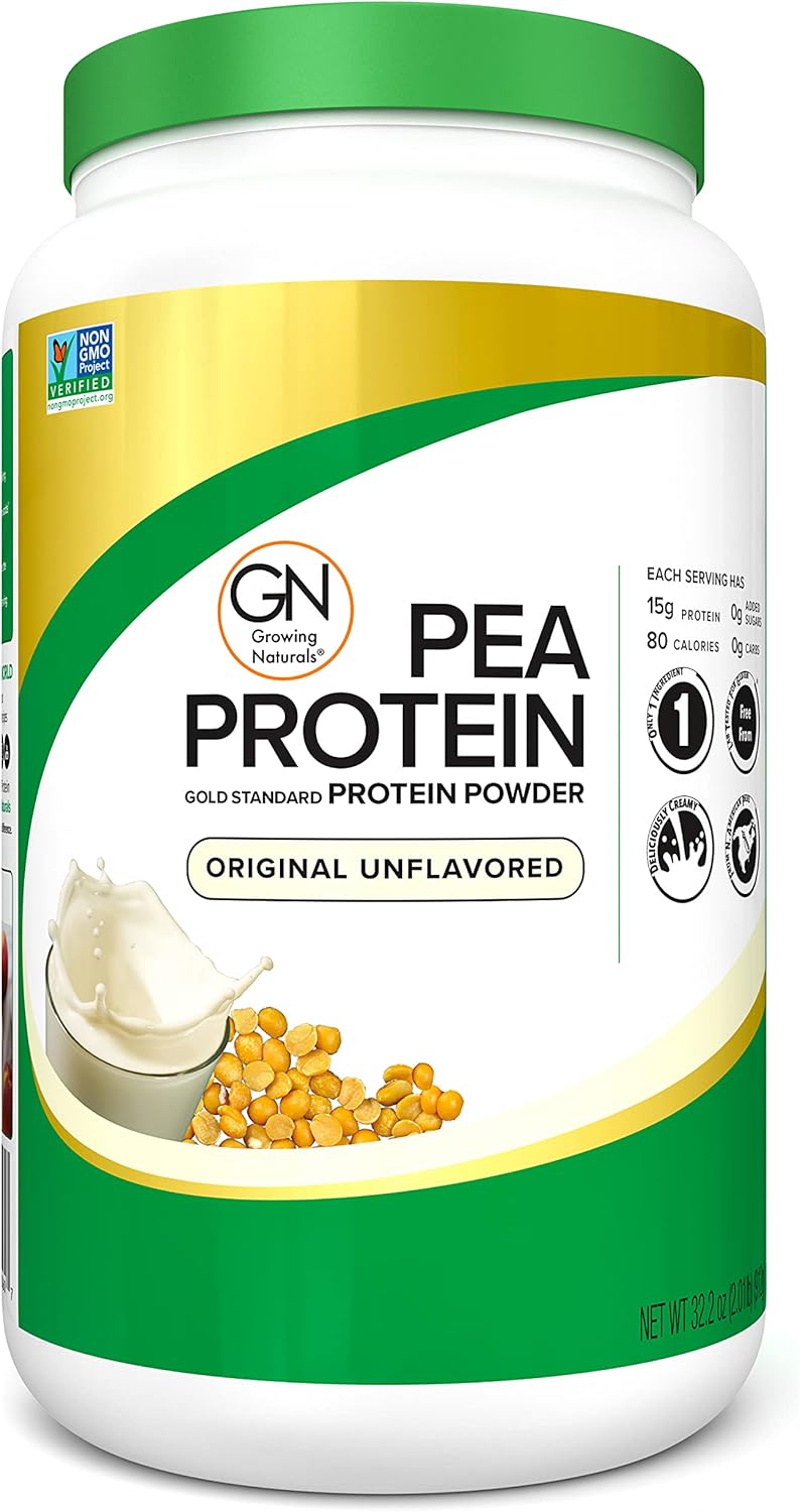 Container of GN Pea Protein Powder on a white background
