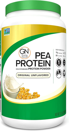 Container of GN Pea Protein Powder on a white background