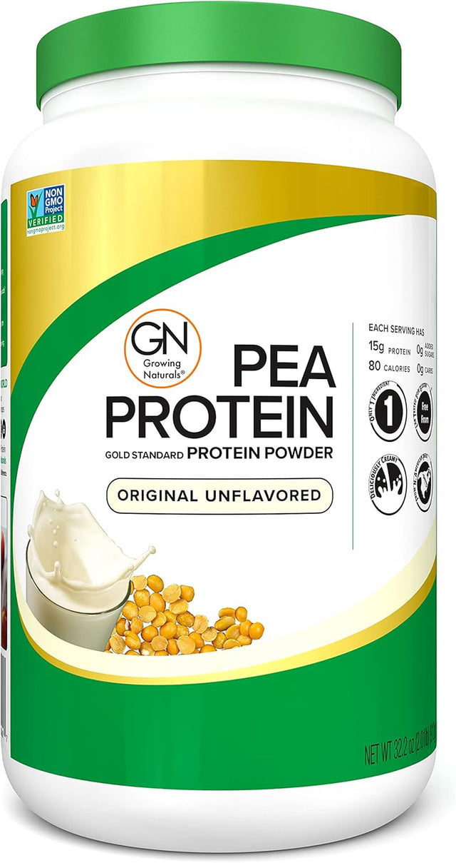 Container of GN Pea Protein Powder on a white background