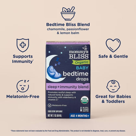 Mommy's Bliss Baby Bedtime Drops packaging with product details on a beige background