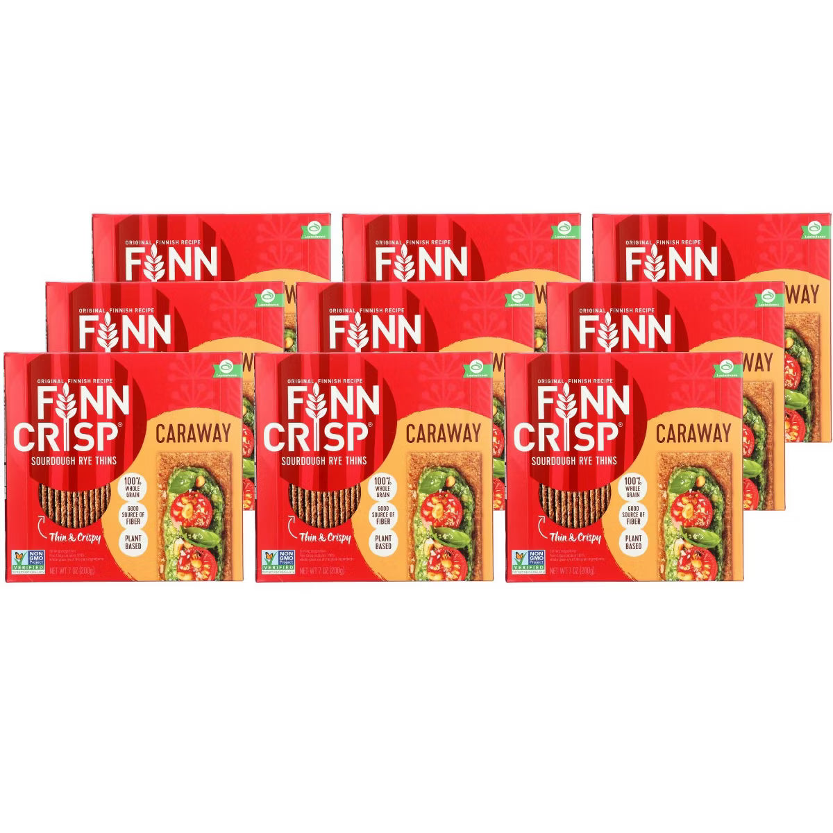 Multiple packages of Finn Crisp Caraway Sour Dough Bites on a white background