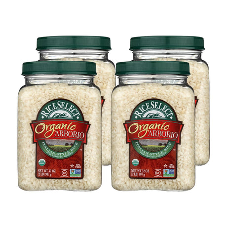 Four jars of Rice Select Organic Arborio rice on a white background