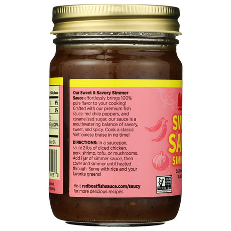 Jar of Sweet & Savory Simmer Sauce with a pink label on a white background