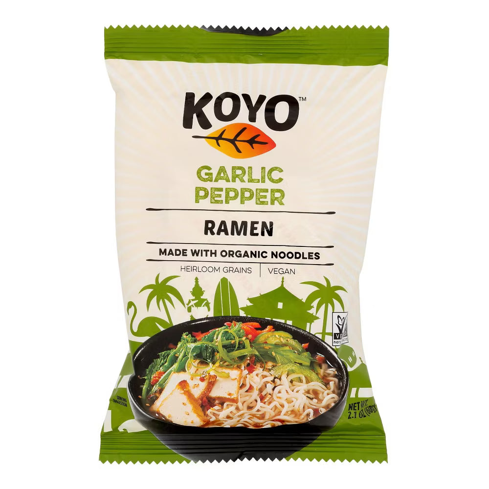 Koyo Garlic Pepper Ramen package with a bowl of ramen on a white background