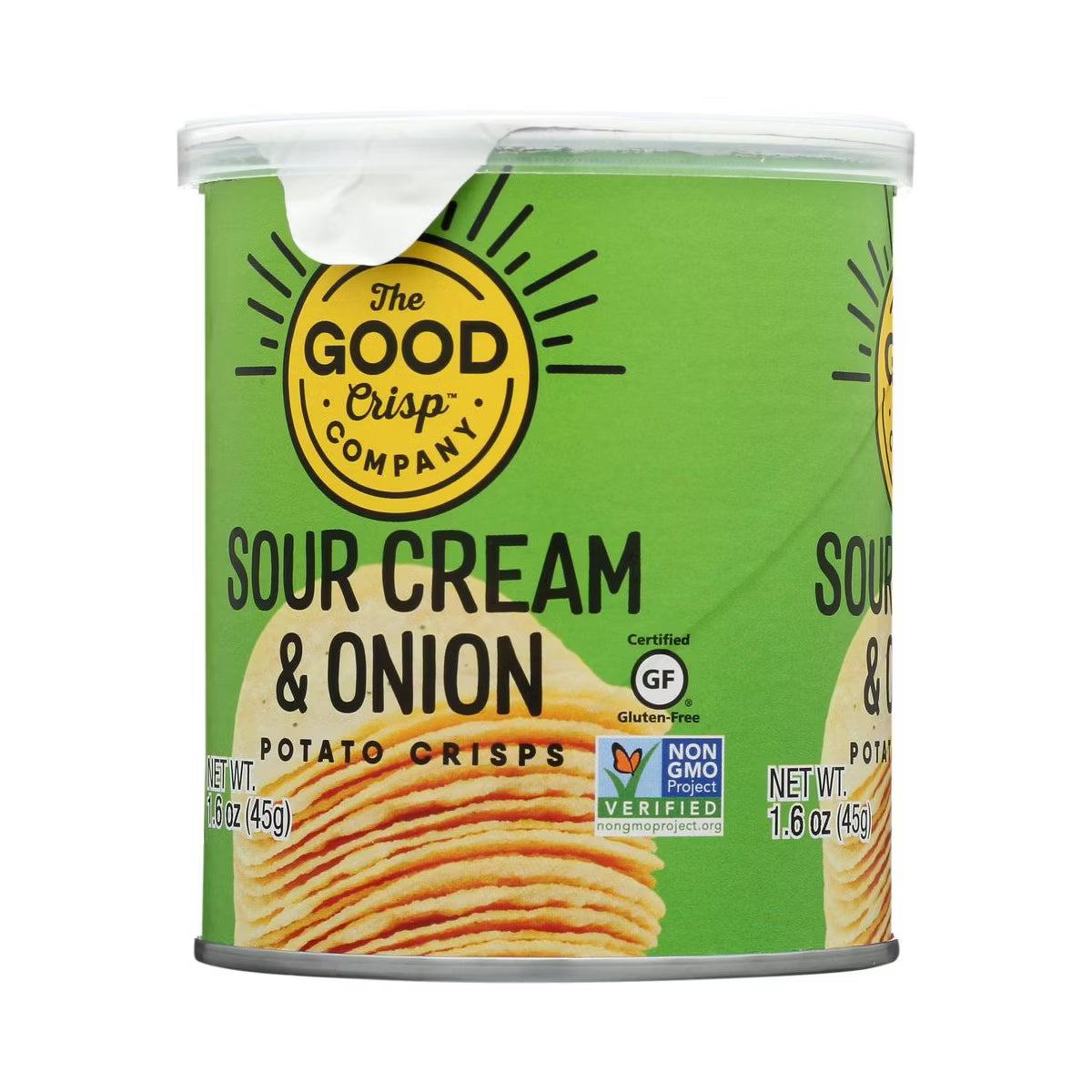 Can of Sour Cream & Onion potato crisps from The Good Crisp Company on a white background