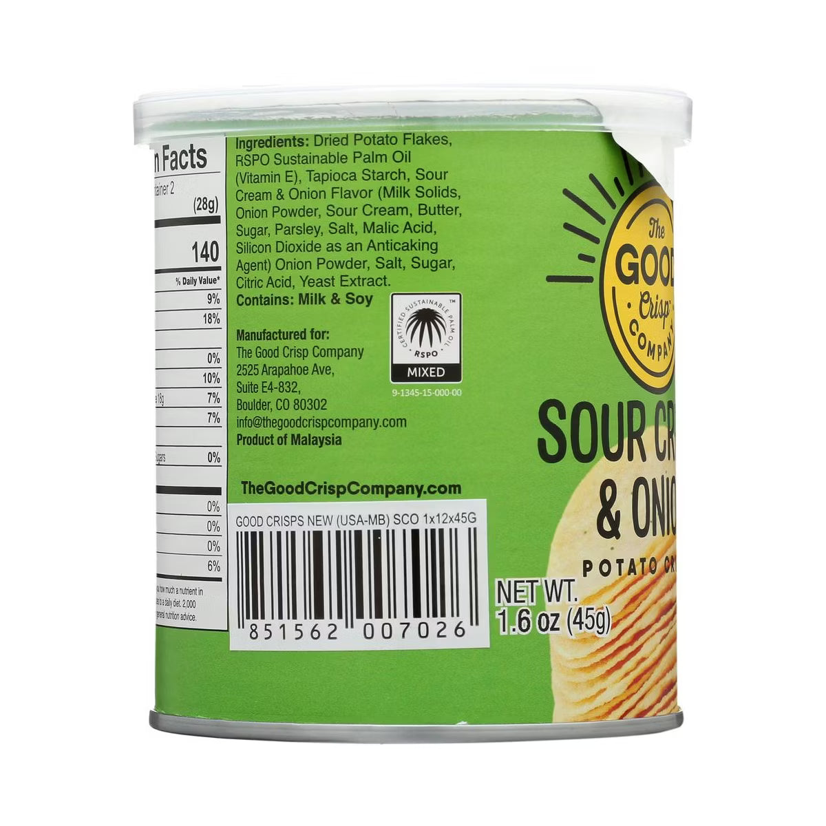 Back view of a can of Sour Cream & Onion flavored potato chips with label details.