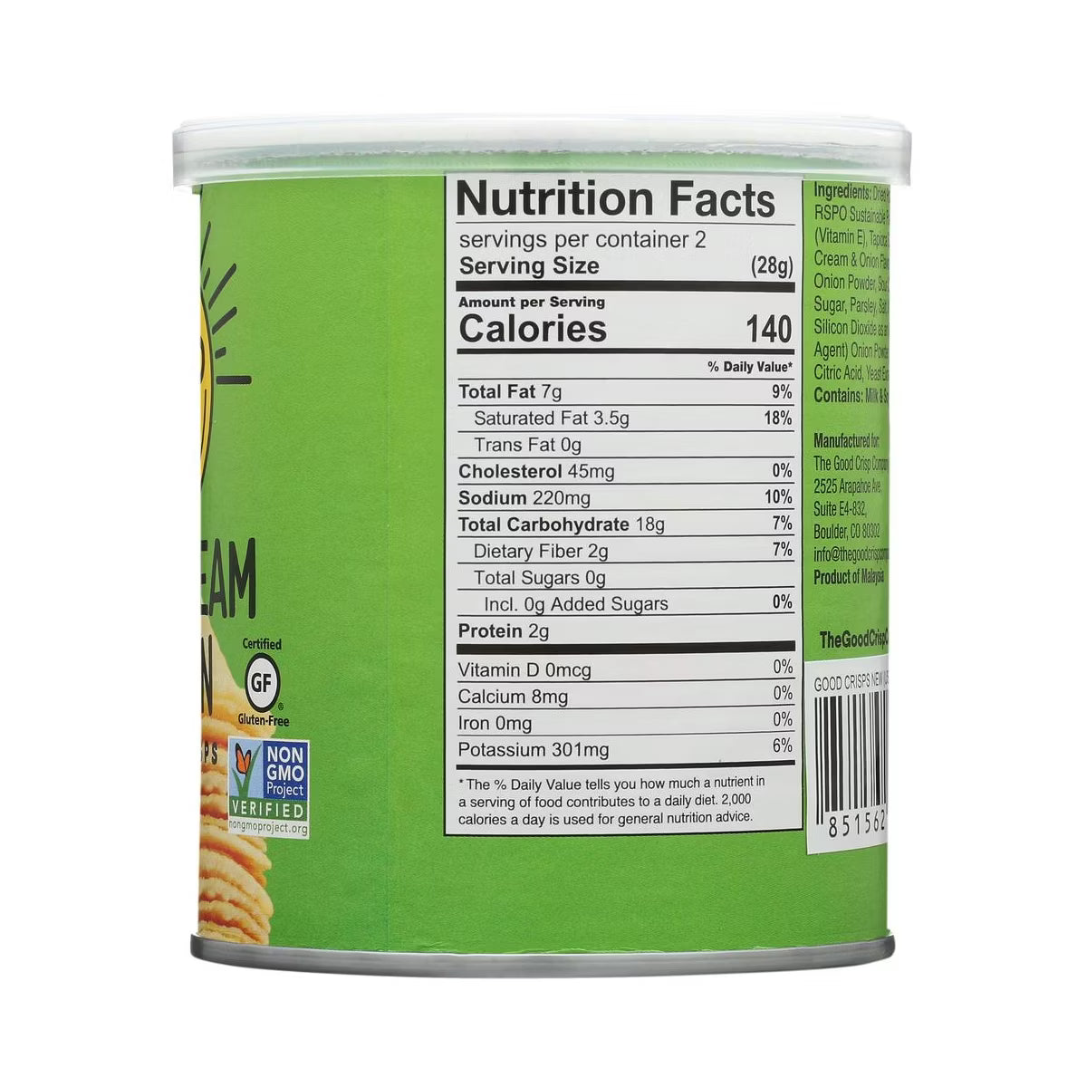 Nutrition facts label on a green can with white lid