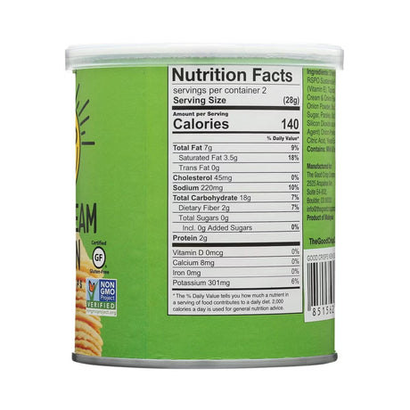 Nutrition facts label on a green can with white lid