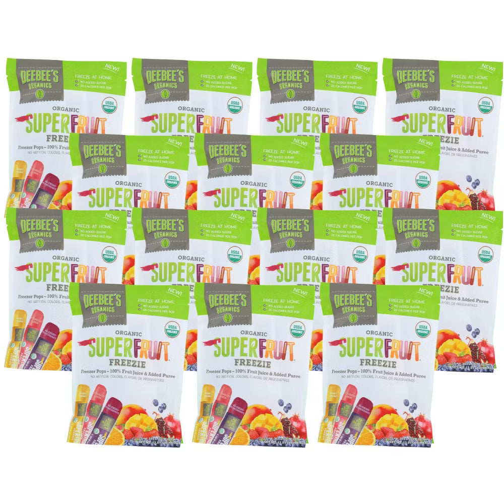 Multiple packages of Deebee's Superfruit Freezezy on a white background