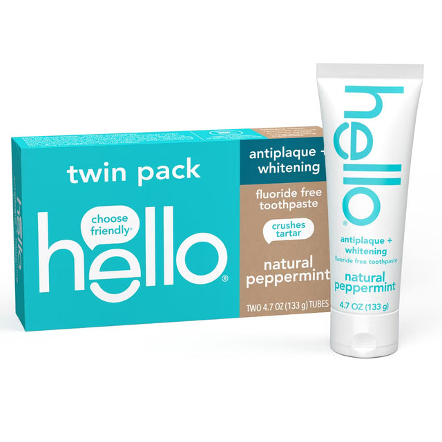 Hello toothpaste twin pack with a tube of natural peppermint flavor on a white background