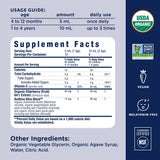 Supplement label with usage guide, supplement facts, and certification logos on a blue background.