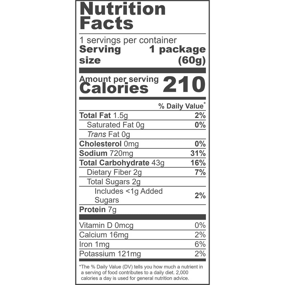 Nutrition facts label for a food package with serving size, calories, and nutritional content.