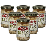 Six jars of Wickles Wicked Garlic on a white background
