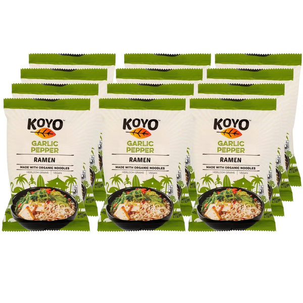 Koyo Garlic Pepper Ramen packages with a bowl of ramen on a white background