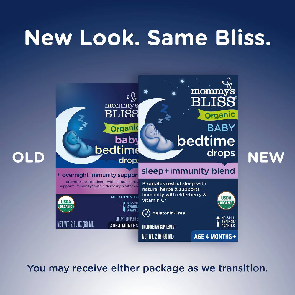 Comparison of old and new packaging for Mommy's Bliss baby bedtime drops on a gradient blue background.