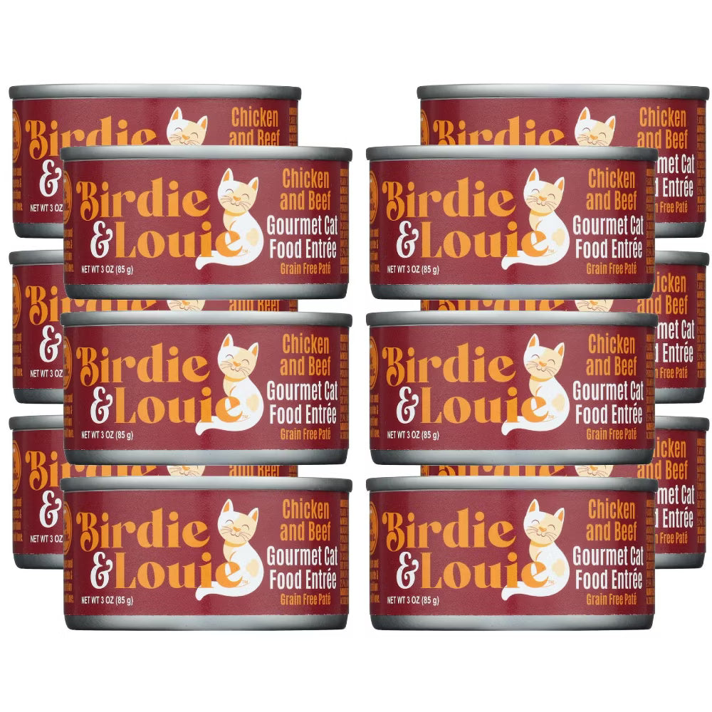 Multiple cans of Birdie & Louie cat food on a white background