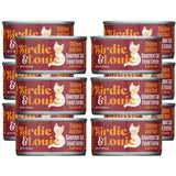 Multiple cans of Birdie & Louie cat food on a white background