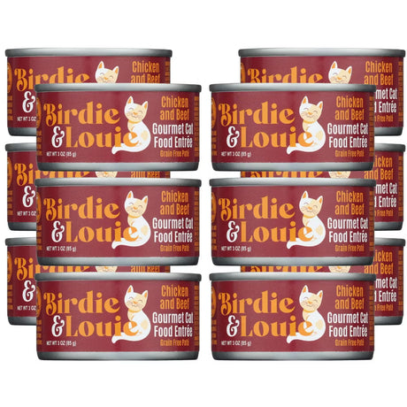 Multiple cans of Birdie & Louie cat food on a white background
