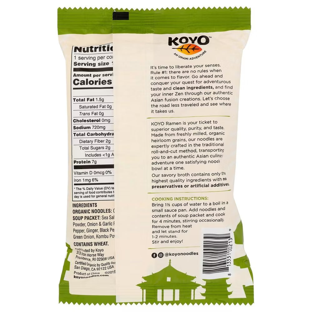 Koyo noodle package with nutritional information and cooking instructions on a white background