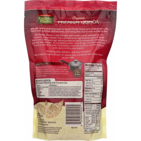 Back view of a red Earthly Choice Organic Premium Quinoa package with text and nutritional information.
