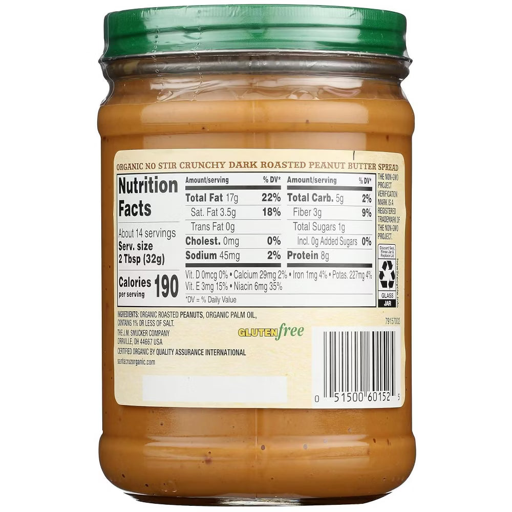 Santa Cruz Organic Crunchy Peanut Butter, No Stir, 16 oz (Pack of 12)