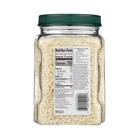 Jar of rice with a nutrition facts label on a white background
