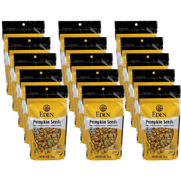 Multiple bags of Eden Pumpkin Seeds on a white background