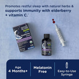 Baby bedtime drops packaging with bottle, syringe, and text on a blue background