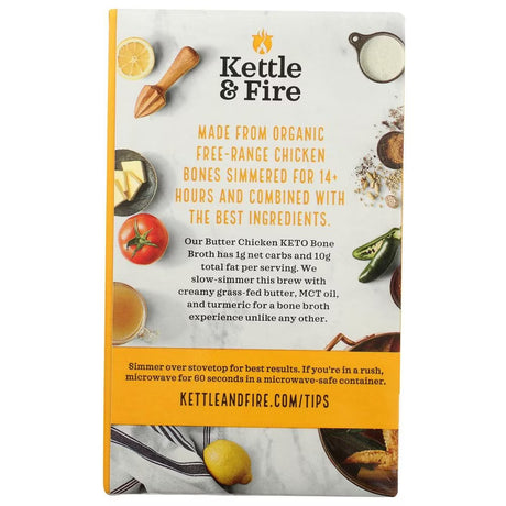 Kettle & Fire butter chicken keto bone broth package with text and images of ingredients.