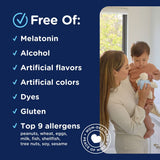 Woman holding a baby with product features listed on a blue background