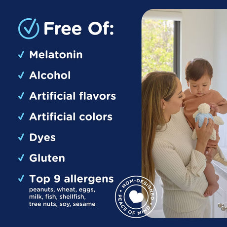 Woman holding a baby with product features listed on a blue background