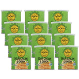 Multiple cans of The Good Crisp Company Sour Cream & Onion potato chips on a white background