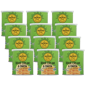 Multiple cans of The Good Crisp Company Sour Cream & Onion potato chips on a white background