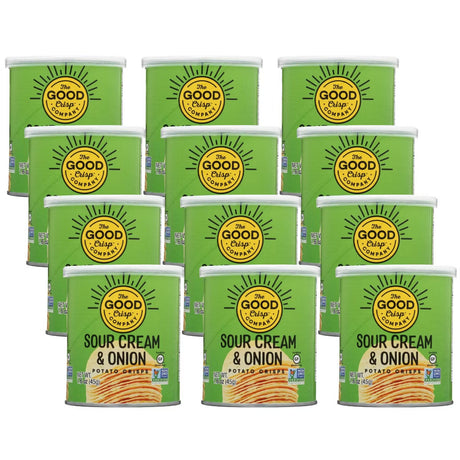 Multiple cans of The Good Crisp Company Sour Cream & Onion potato chips on a white background