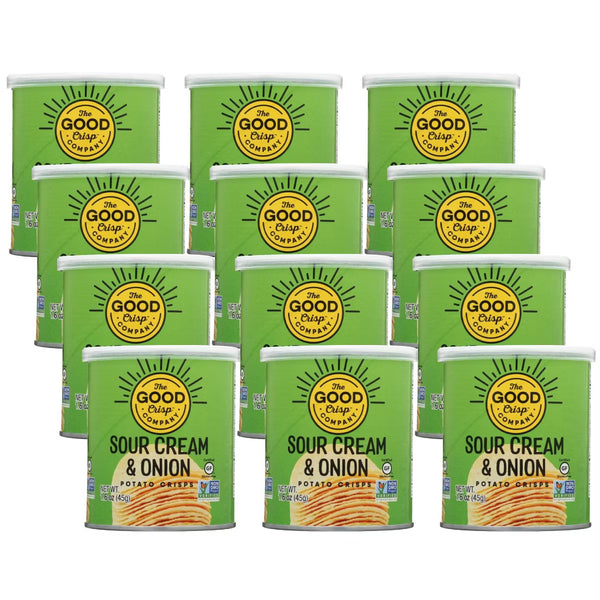 Multiple cans of The Good Crisp Company Sour Cream & Onion potato chips on a white background