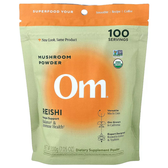 Om Reishi mushroom powder package on a white background