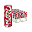 Guru organic energy drink cans with a red and white design on a white background