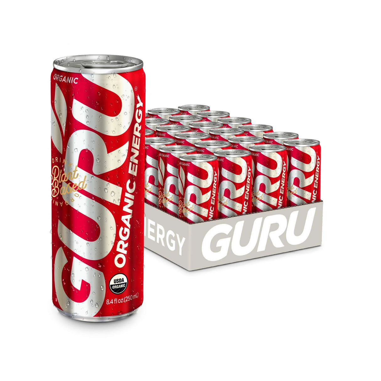 Guru organic energy drink cans with a red and white design on a white background