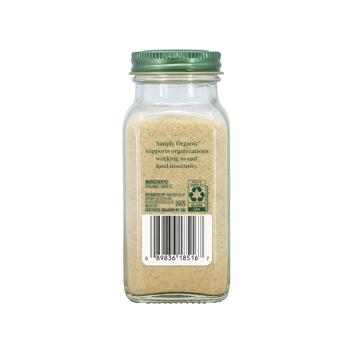 Glass jar of Simply Organic garlic salt with a green lid on a white background