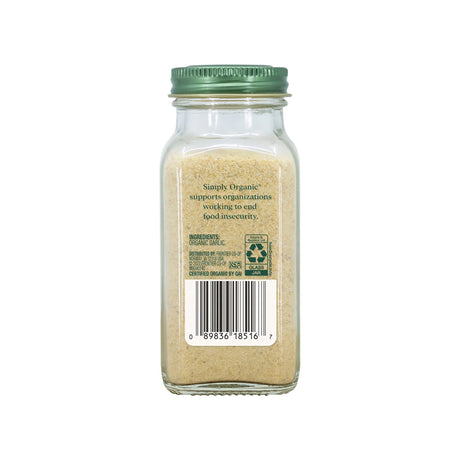 Glass jar of Simply Organic garlic salt with a green lid on a white background