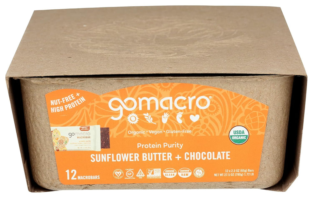 Gomacro protein bar packaging with sunflower butter and chocolate flavor on a white background