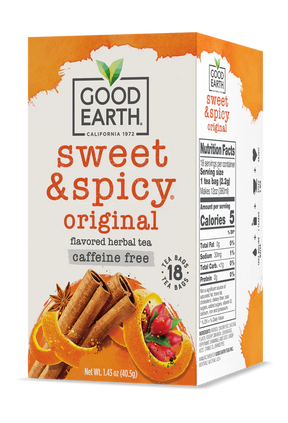 Good Earth Sweet & Spicy herbal tea box on a white background