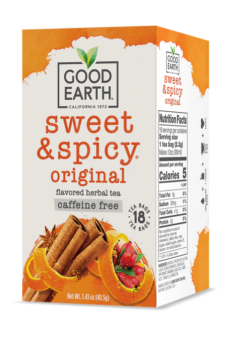 Good Earth Sweet & Spicy herbal tea box on a white background