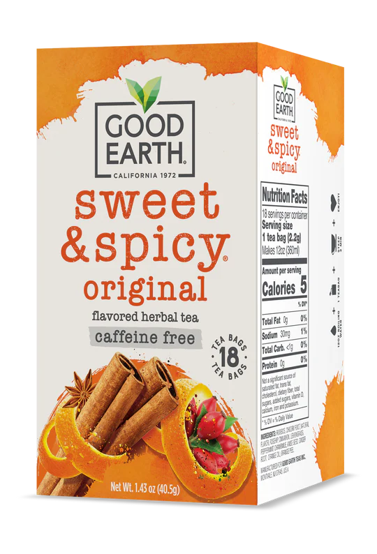Good Earth Sweet & Spicy herbal tea box on a white background