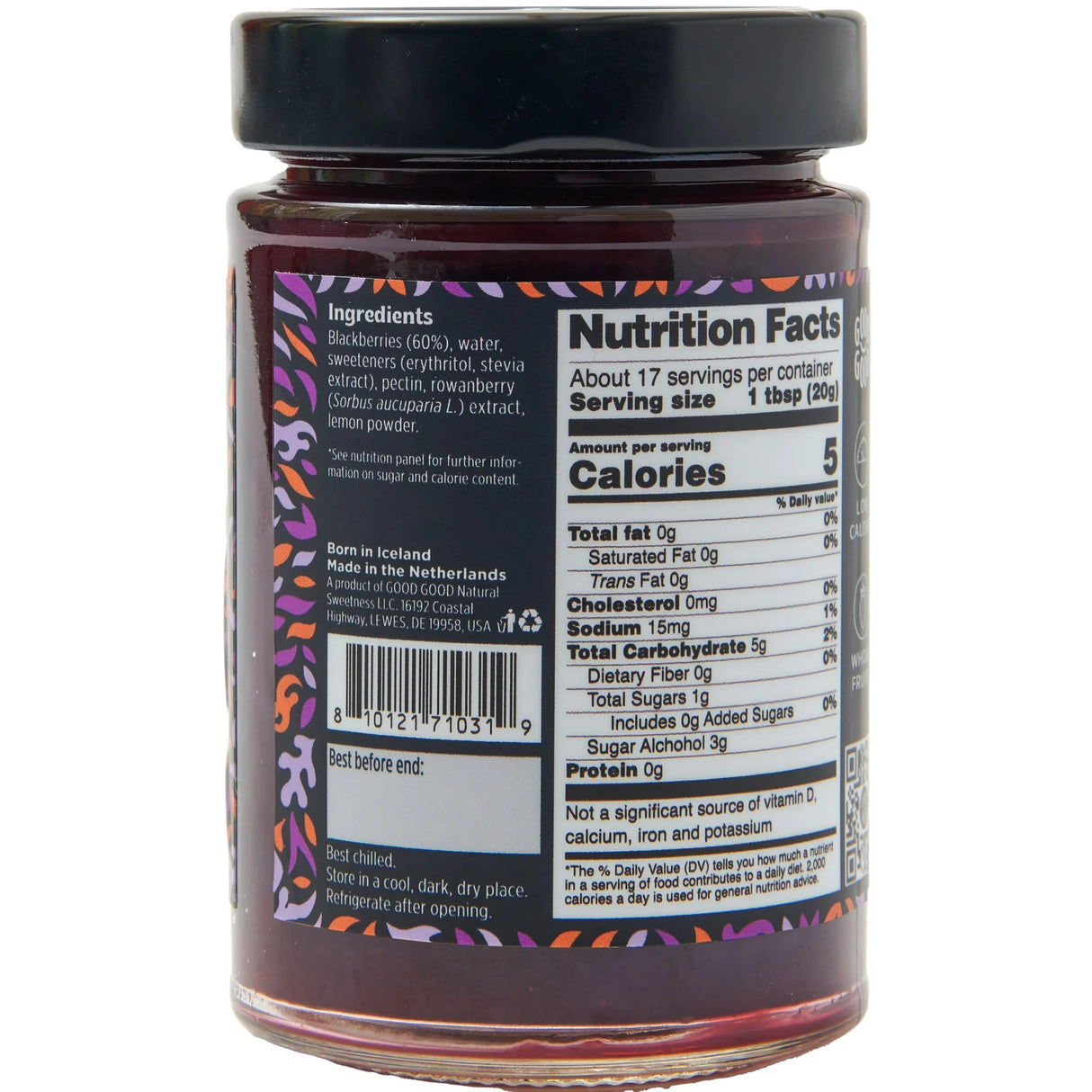 Good Good Blackberry Jam  Nutrition facts label with a white background