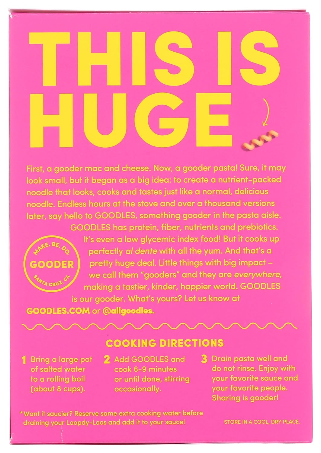 Pink box of 'Goodles Loopdy Loos Mac & Cheese: ' with yellow text and cooking directions on a pink background
