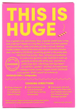 Pink box of 'Goodles Loopdy Loos Mac & Cheese: ' with yellow text and cooking directions on a pink background