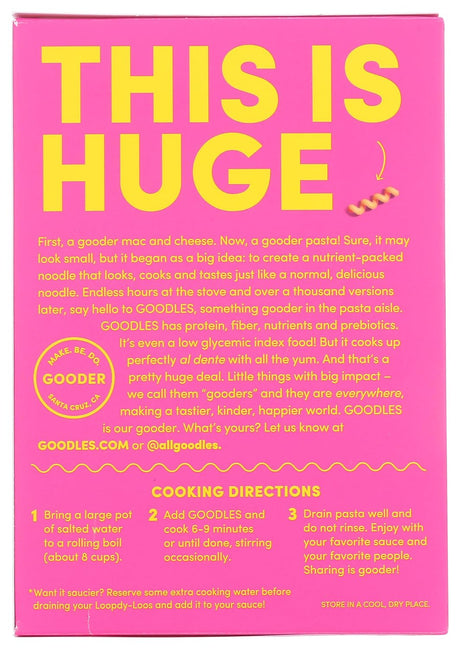 Pink box of 'Goodles Loopdy Loos Mac & Cheese: ' with yellow text and cooking directions on a pink background