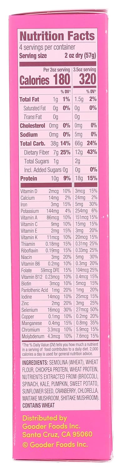 Nutrition facts of Goodles Loopdy Loos Mac & Cheese label on a pink background